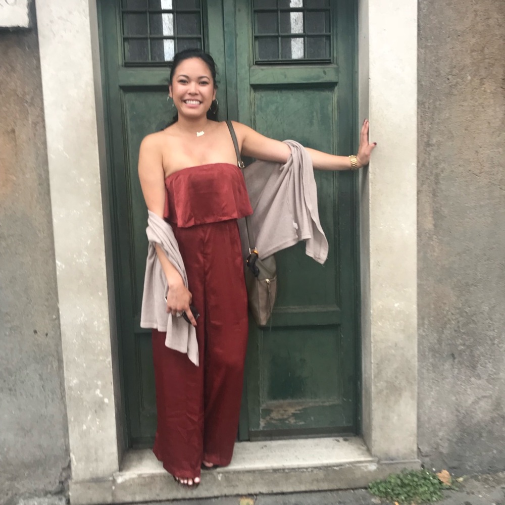 Rust colored sleeveless jumpsuit